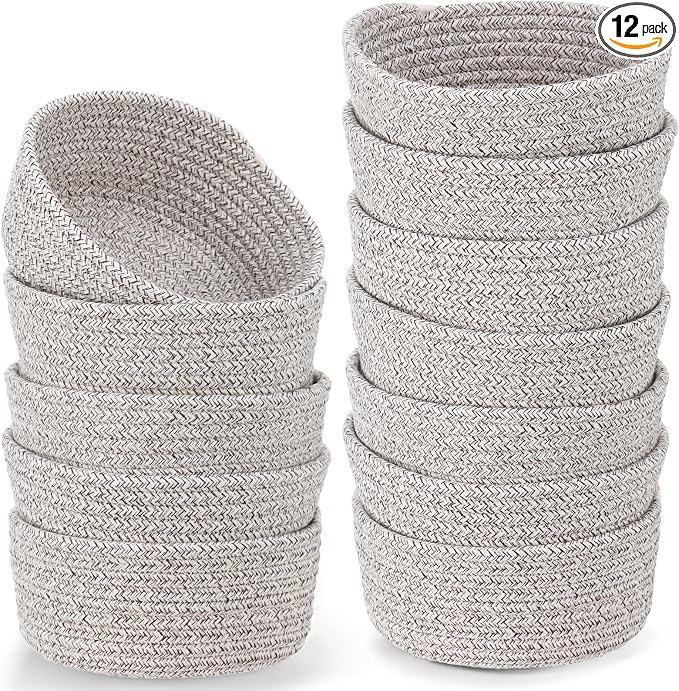 12 Pack Small Storage Basket Cute Natural Cotton Rope Woven Basket Tiny Boho Decorative Toy Storage Bin Gift Baskets for Home Organizing, Closet, Shelf, Nursery, Bathroom (Round,Oatmeal) by Yinkin