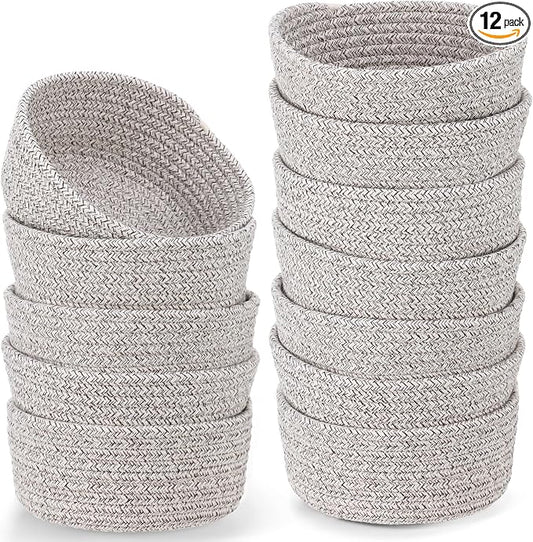 12 Pack Small Storage Basket Cute Natural Cotton Rope Woven Basket Tiny Boho Decorative Toy Storage Bin Gift Baskets for Home Organizing, Closet, Shelf, Nursery, Bathroom (Round,Oatmeal) by Yinkin