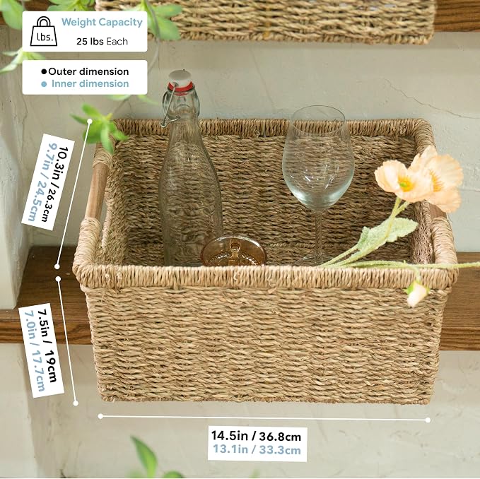 Large Wicker Basket Rectangular with Wooden Handles for Shelves, Seagrass Basket Storage, Natural Baskets for Organizing, Wicker Baskets for Storage - 3 Pack Large - Image 4