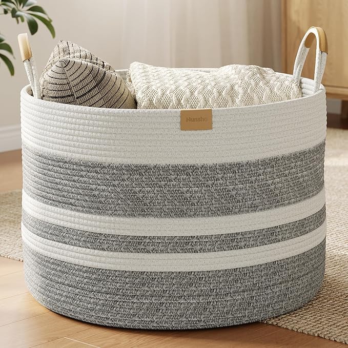 Nunsino 72L Woven Blanket Basket with Leather Handles, Cotton Rope Laundry Basket Hamper,Decorative Nursery Basket Toy Storage Basket for Kids, Living Room, Bedroom,Gray White Stripes by Nunsino