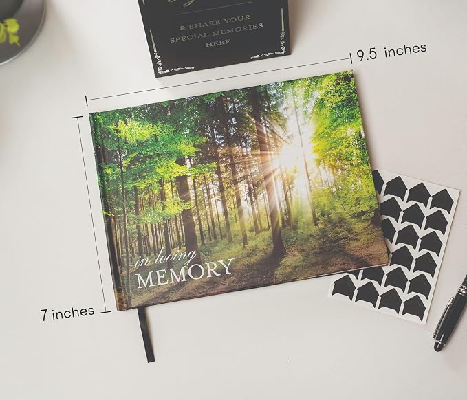 Forest Hardcover Funeral Guest Book - 9.5 x 7 Celebration of Life Guestbook for Memorial Service with 5x7 Paper Sign, Pen, Black Photo Corner Stickers - Image 3