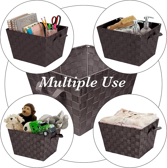Simplify Medium Woven Strap Tote | Decorative Storage Basket | 2 Handles | Organization | Closet | Bedroom | Bathroom | Nursery | Accessories | Toys | Gifts | 4 Pack | Chocolate - Image 3