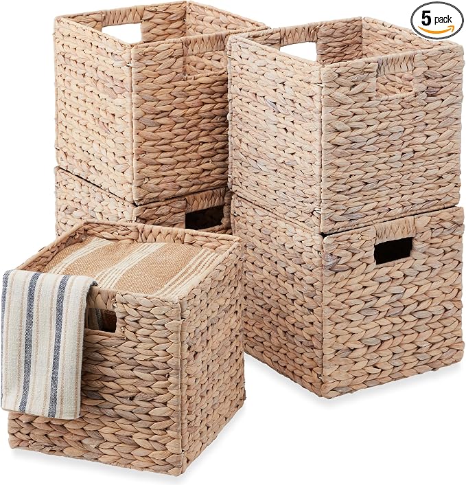 Best Choice Products 12x12in Pack of 5 Cube Storage Baskets, Water Hyacinth Multipurpose Collapsible Organizers, Handwoven Laundry Totes for Laundry, Living Room, Kids Room & Nursery - White by Unknown