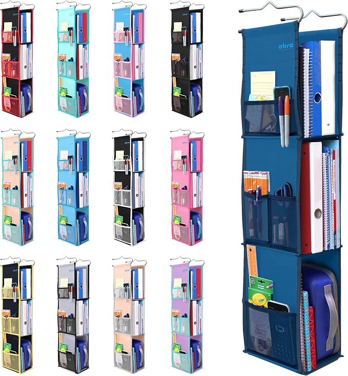 ABRA® 3 Shelf Hanging Locker Organizer for School, Gym, Work, Storage | Wide Shelves 6.5”x 9”| Eco-Friendly Fabric Healthy for Children | Adjustable School Locker Shelf from 3 to 2 Shelves (Navy Blue) by ABRA
