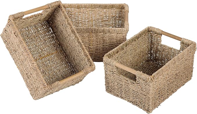 Natural Seagrass Basket with Wooden Handle, Medium Rectuangular Wicker Basket for Living Room 12.2 x 8.9 x 6.7 inches - 3 Pack by VATIMA