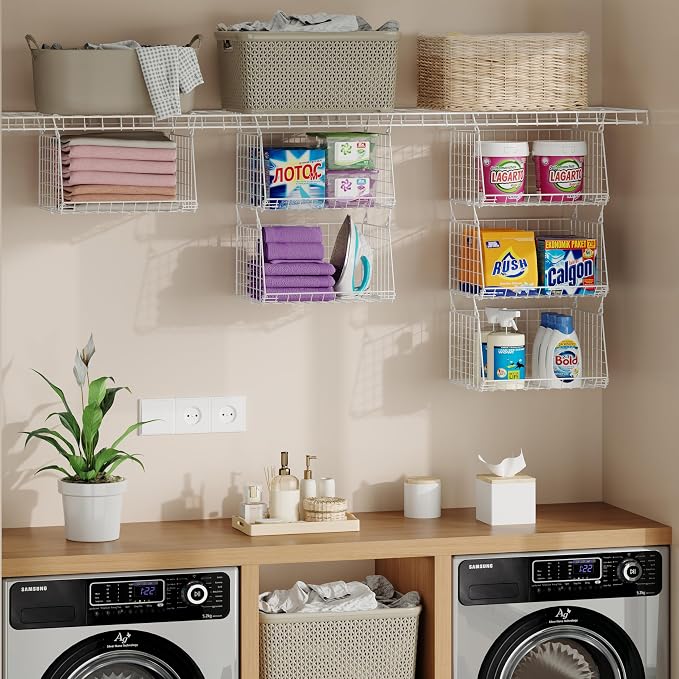 3-Tier Hanging Laundry Basket Organizer：Foldable Wire Shelf Laundry Room Organizer with 360°Rotating Hooks Small Space Solutions Closet Hanging Organizer - Laundry Organization, White Patent - Image 4