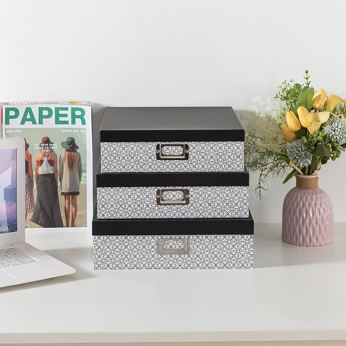 SLPR - Black and White Nesting Storage Boxes with Lids, Set of 3 | Decorative Paperboard Scrapbook Box Set for Keepsakes, Photos and Letter Papers, Large Cardboard Memory Organizers - Image 3