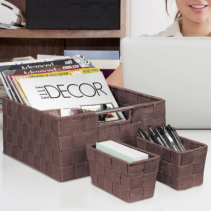 Sorbus Storage Baskets for Organizing (Set of 7), Mesh Hand-Woven Design, Linen Closet Organizers and Storage, Organizer Storage Baskets for Shelves, Variety Pack Organizers and Storage (Chocolate) - Image 6
