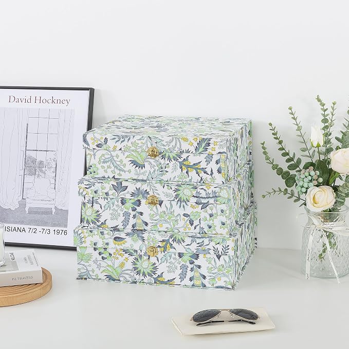 Soul & Lane - Floral Boxes with Gold Hardware, Set of 3, Midnight Garden | Large Stacking Keepsake Boxes with Lids for Home Decor and Organizing, Pretty Elegant Cardboard Paper Storage Trunks - Image 3
