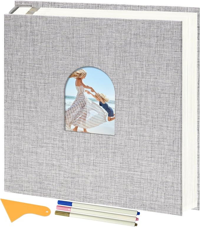 Vienrose Self Adhesive Photo Album Arch Window Scrapbook 120 Pages Gray | Linen Cover, 12.6x12.99 Inch, Memory Book, Blank Inner Page, Three Metallic Pens by Vienrose