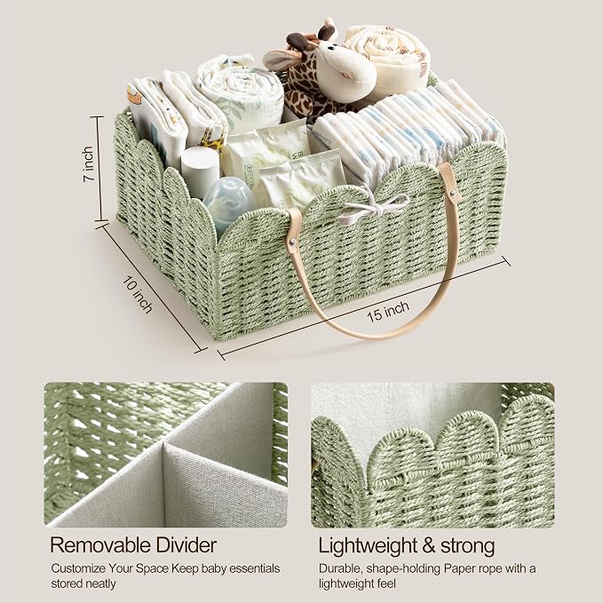 HBlife Large Baby Diaper Caddy, Paper Rope Scalloped Storage Baskets Nursery Bin with Removable Divider, Portable Car Organizer for Diapers, Baby Shower Gifts, Newborn Essentials Must Haves, Green - Image 5