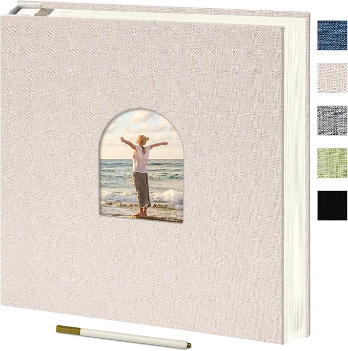 Vienrose Self Adhesive Photo Album Arch Window Scrapbook 60 Pages Beige | Linen Cover, 9.84x9.06 Inch, Memory Book, Blank Inner Page, Metallic Pen by Vienrose