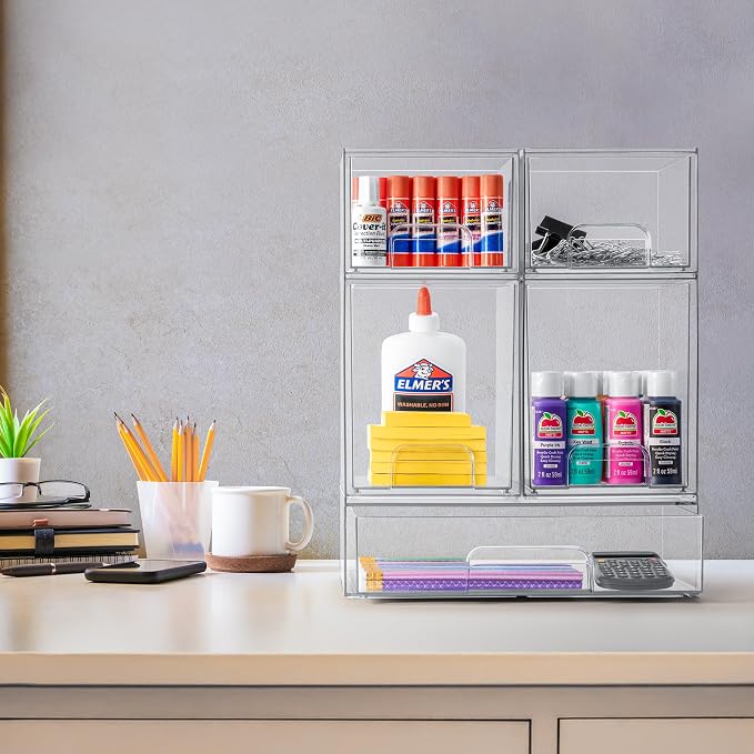 Sorbus Clear Stackable Storage Drawers (5 Pack, Complete Set) | Acrylic containers with pull-out bins keep cosmetics, brushes and daily items sorted on bathroom counters or in cabinets. - Image 2