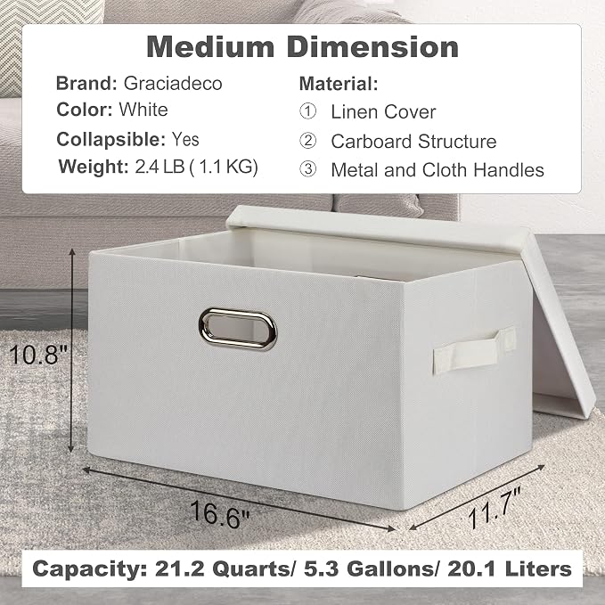 Graciadeco Medium 15" 21 Quart Collapsible Stackable Storage Bins with Lids, 5 Packs White Foldable Fabric Closet Storage Boxes with Lids, Lidded Heavy-duty Linen Baskets(15x11x8) | 21 Quart 5 Pack White Collapsible Stackable Linen Fabric 4 Handles Bed... - Image 2