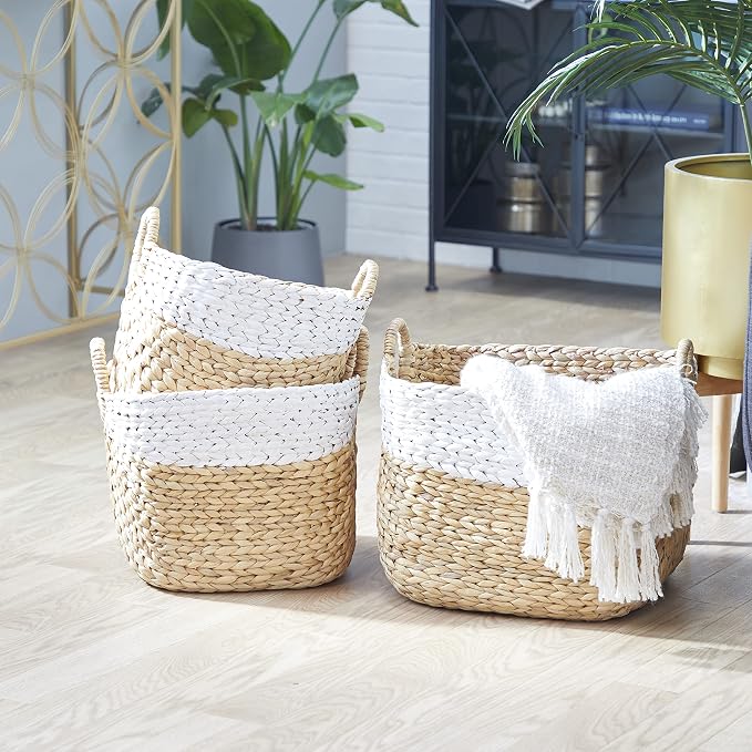Deco 79 Seagrass Handmade Two Toned Storage Basket with Handles, Set of 3 19", 17", 15"W, Brown - Image 2
