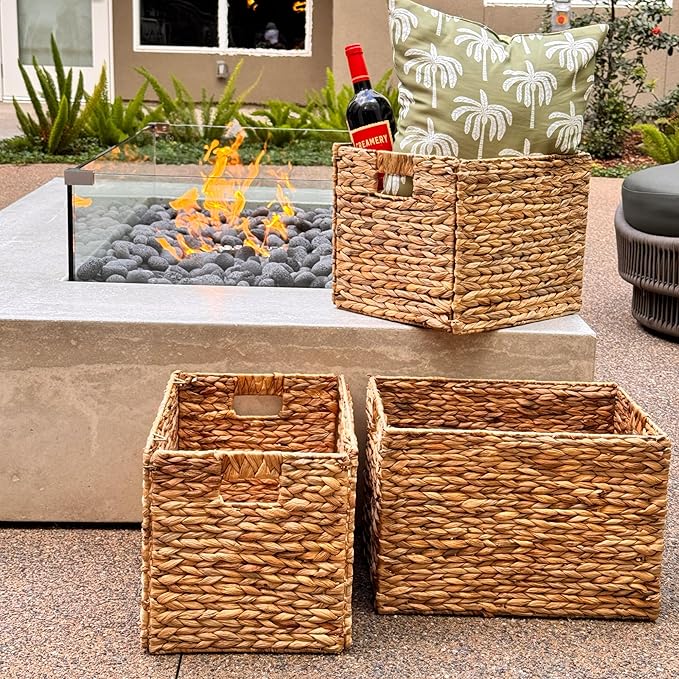 4 Decorative Hand-Woven Water Hyacinth Wicker Storage Basket, 16x11x11 Ideal for Shelving Units - Image 3
