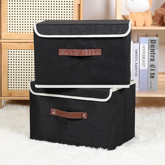 ANMINY Fabric Storage Box Bins with Lids, Black, 13"x9"x7.9" | Keepsake Memory Storage, Cotton Linen, PP Board Reinforced, Washable, PU Handles, Foldable & Stackable, Decorative, Medium - Image 2