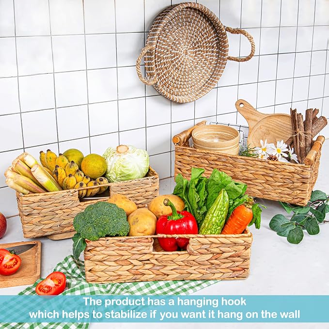 VATIMA Large Water Hyacinth Storage Baskets for Organizing with Wooden Handles for Shelves, 2 Bathroom Small Basket, Water Hyacinth Toilet Paper Baskets, Set of Natural Wicker Storage Basket for Home - Image 2
