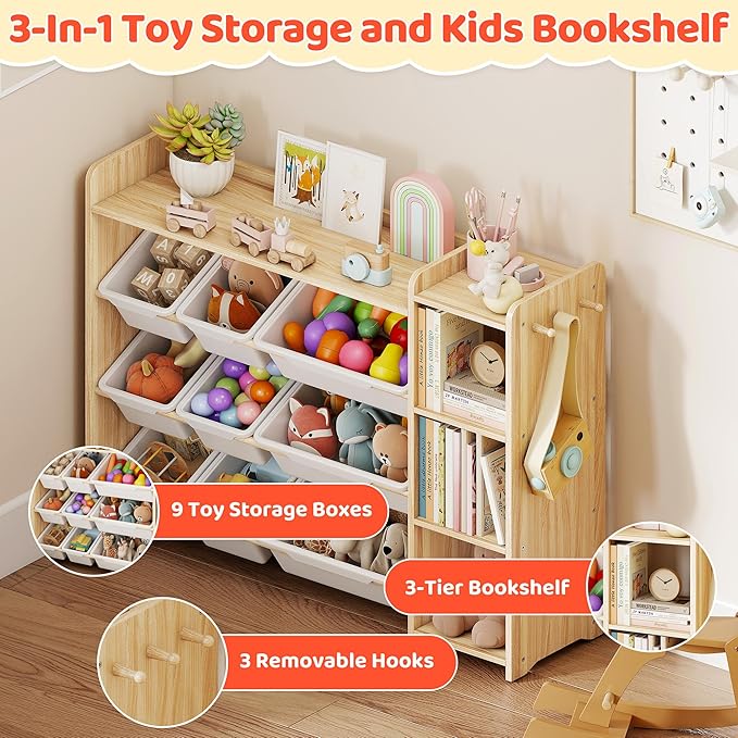 DOREROOM Toy Storage Organizer with Bookshelf, Kids Toy Storage and Organizers with 3 Shelves/9 Bins/3 Hooks, Bin Shelf, Toy Organization for Playroom, Nursery, Bedroom, Toddler Room | Wood & White - Image 3