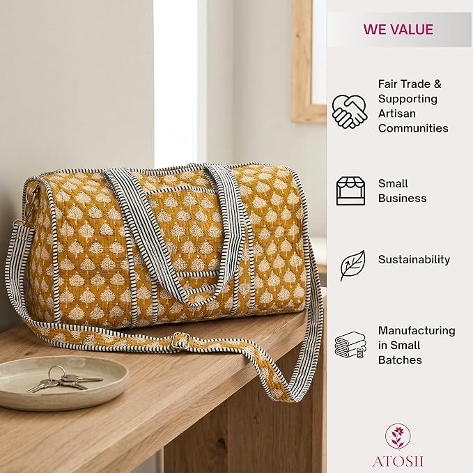 ATOSII Handblock Print 100% Cotton Large Quilted Duffle Bag for Overnight Trip, Travel Weekend Bag, Luggage, 2 Pockets with Zipper, 1 Front Pocket, Detachable Long Strap, 20 X 10 X 12 Inches, Flax - Image 5