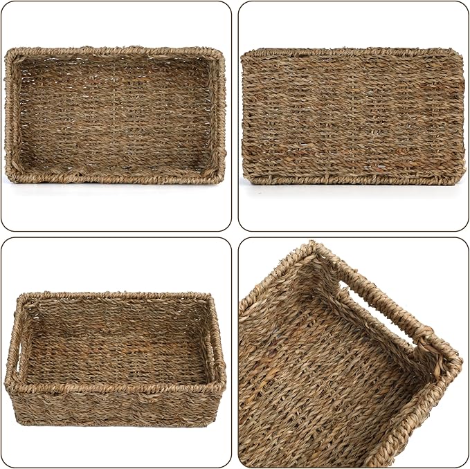 4 Small 3.6 QT Seagrass Wicker Baskets for Shelves, 10" Long Woven Pantry Organizers and Storage Basket, Decorative Ratten Shallow Rectangle Baskets for Organizing Countertop Kitchen - Image 5