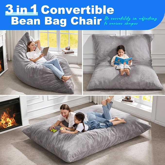 Hobestluk Adult Bean Bag Chair 3 in 1 Convertible Large Bean Bag Sofa | Plush Grey,Machine Washable,Removable Cover,Easy Convert And Install,Floor Bed,For Livingroom Bedroom - Image 4