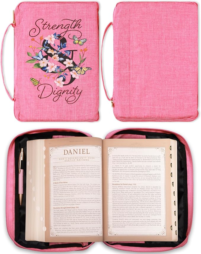 Christian Art Gifts Polyester Canvas Bible Cover for Women w/Zippered Pocket & Pen Storage: Strength & Dignity - Proverbs 31:25 Inspirational Bible Verse Carry Case, Pink Butterfly Floral, Large - Image 6