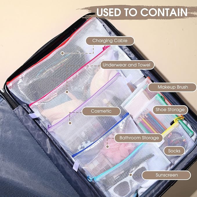 Kisston 150 Pcs Mesh Zipper Pouch Bags Bulk, 8 Sizes Plastic Zipper Bags, 8 Colors Waterproof File Pouches for Organization, Multipurpose Travel Pouches for Travel, Office, Board Game - Image 5