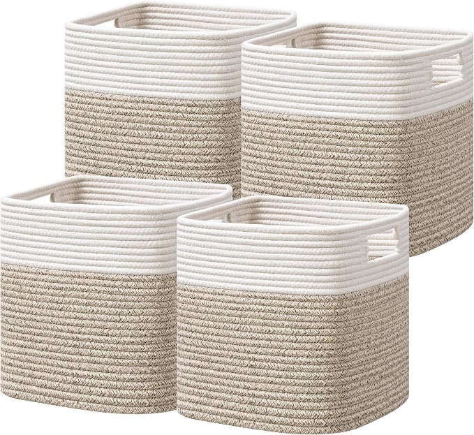 Dreamcountry 11 Inch Cube Storage Bins, Storage Cubes with Handles, 4 Pack Cotton Rope Basket for Shelves, Cube Storage Organizer forToys, Book, Clothes, Home, Office, Nursery, White/Brown by Dreamcountry