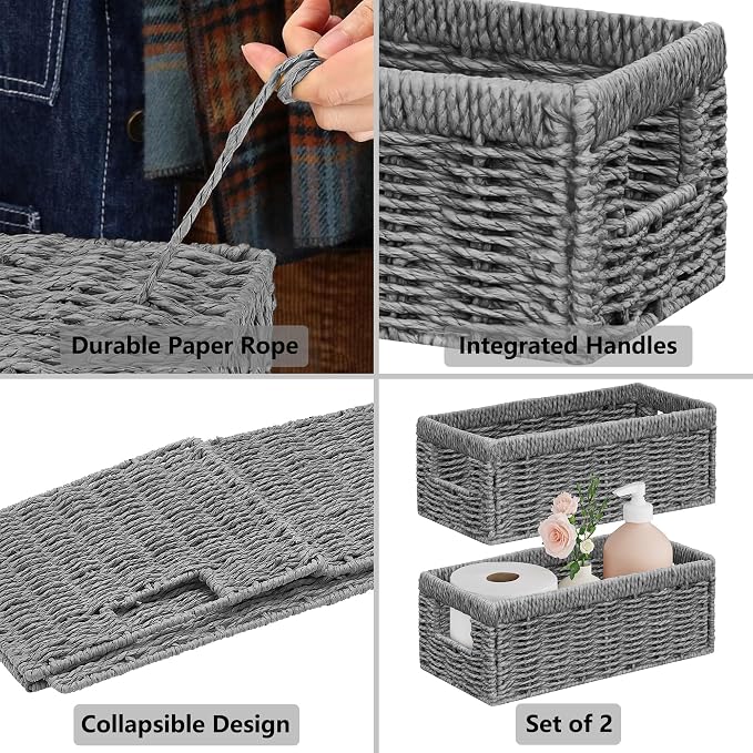Wicker Storage Basket, Set of 2 Hand Woven Wicker Baskets for Organizing with Handles, Decorative Small Storage Bins for Countertop Toilet Paper Basket for Toilet Tank Top Shelves, Grey - Image 7