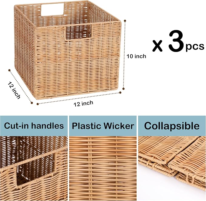 12X12X10in Plastic Wicker Storage Basket, Collapsible Wicker Cube Storage for Shelves, Woven Plastic Storage Basket for Pantry, Bedroom, Living Room, Bathroom, Shelves-3 Pack - Image 4