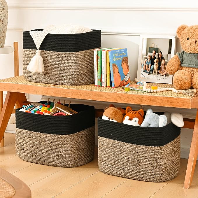 3 Pack Cube Storage Bin, 17”x12”x12” Cotton Rope Woven Baskets for Organizing Toys Clothes Towels, Square Gift Storage Baskets for Shelves, Nursery, Closet, Bathroom, Pantry (Black & Brown) - Image 3