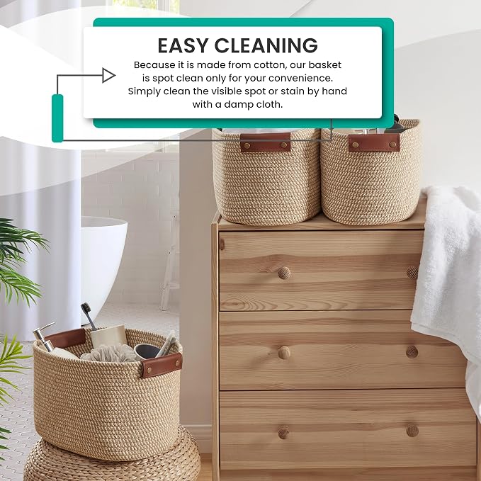 3 Pack Woven Cotton Rope Storage Basket, 15x10x9, Multi-Brown | Faux Leather Handles; Decorative Closet Shelf Organizer; Ideal for Storage & Organization - Image 2