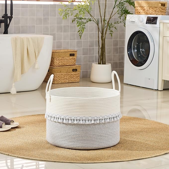 KAKAMAY Large Blanket Basket with Handles, Storage Basket for Living Room | Extra Large Capacity | Natural Cotton Rope | Blanket Storage | Woven Storage Basket | Stuffed Animal Storage | Laundry Basket - Image 6