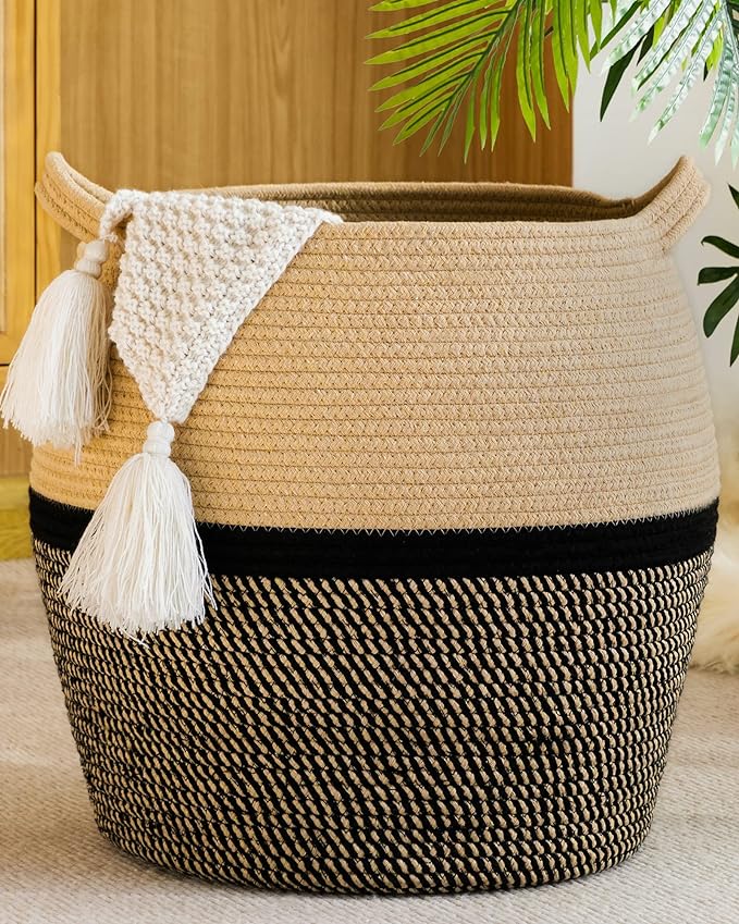 KAKAMAY Woven Baskets for Storage(17"x17"),Large Cotton Rope Woven Baby Laundry Hamper,Collapsible Laundry Basket, Blanket Basket for Organizing Living Room,Nursery,Clothes,Toy chest (Black) by KAKAMAY
