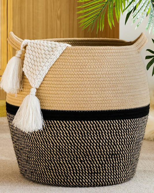 KAKAMAY Woven Baskets for Storage(17"x17"),Large Cotton Rope Woven Baby Laundry Hamper,Collapsible Laundry Basket, Blanket Basket for Organizing Living Room,Nursery,Clothes,Toy chest (Black) by KAKAMAY
