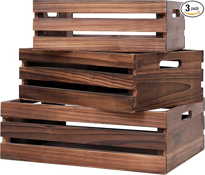 Wood Crates For Storage,Decorative Vintage Brown Wooden Crates For Display | Handmade Solid Wood Boxes,Set Of 3 Rustic Black Wooden Crate. (vintage brown) by SENRYEE