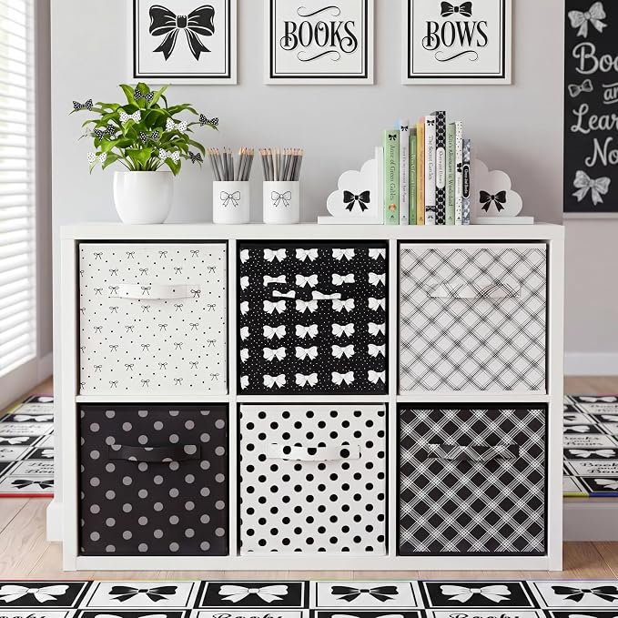 Glooglitter 6 Pcs Coquette Black Bow Storage Bins with Handles 11 Inch Foldable Classroom Storage Cubes Polka Dot Organizer Baskets Black and White Collapsible Organizer Bins for School Classroom Dorm - Image 7