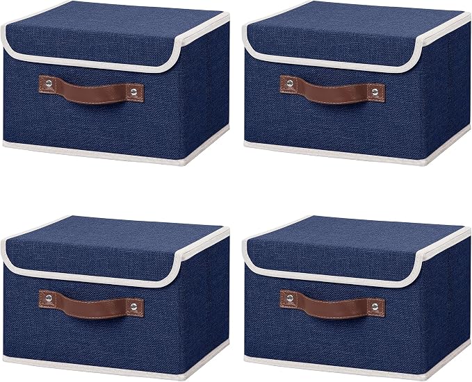 ANMINY Fabric Storage Box Bins with Lids, Blue, 10"x8"x7", 4 Pack | Keepsake Memory Storage, Cotton Linen, PP Board Reinforced, Washable, PU Handles, Foldable & Stackable, Decorative, Small by ANMINY