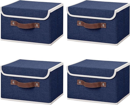 ANMINY Fabric Storage Box Bins with Lids, Blue, 10"x8"x7", 4 Pack | Keepsake Memory Storage, Cotton Linen, PP Board Reinforced, Washable, PU Handles, Foldable & Stackable, Decorative, Small by ANMINY