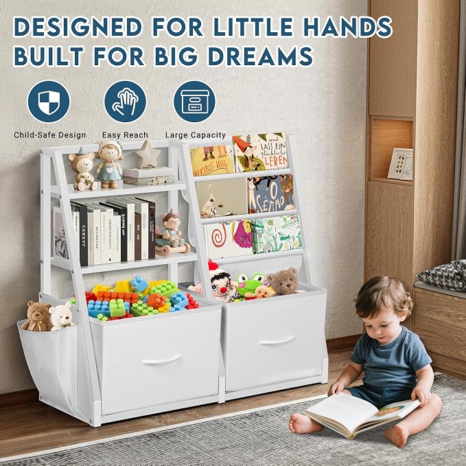LOFTEY Kids Bookshelf and Toy Storage, Toy Box with Bookshelf, White | 29.5" Child-Friendly Height, 2 Large Fabric Drawers, 4 Sling Book Pockets, Anti-Tip Straps, for Nursery, Bedroom and Playroom - Image 3