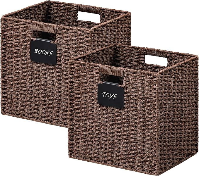 UBBCARE 2 Pack Wicker Basket, 10.5×10.5 Storage Cubes with Label, Foldable Cube Storage Bin with Handle, Square Storage Basket for Shelves, Woven Paper Rope Basket for Organizing, Brown by UBBCARE