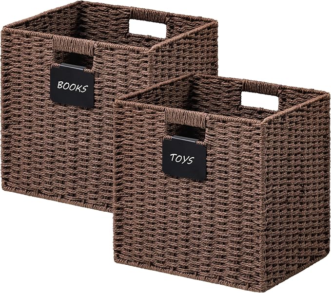 UBBCARE 2 Pack Wicker Basket, 12×12 Storage Cubes with Label, Foldable Cube Storage Bin with Handle, Square Storage Basket for Shelves, Woven Paper Rope Basket for Organizing, Brown by UBBCARE