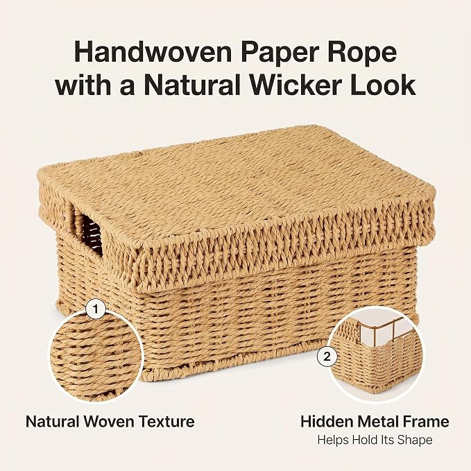 Wicker Storage Basket with Lid for Shelves, Set of 2, Natural | One rectangular wicker basket with lid and one open basket for decorative shelf storage; removable lid flips into a tray. - Image 6