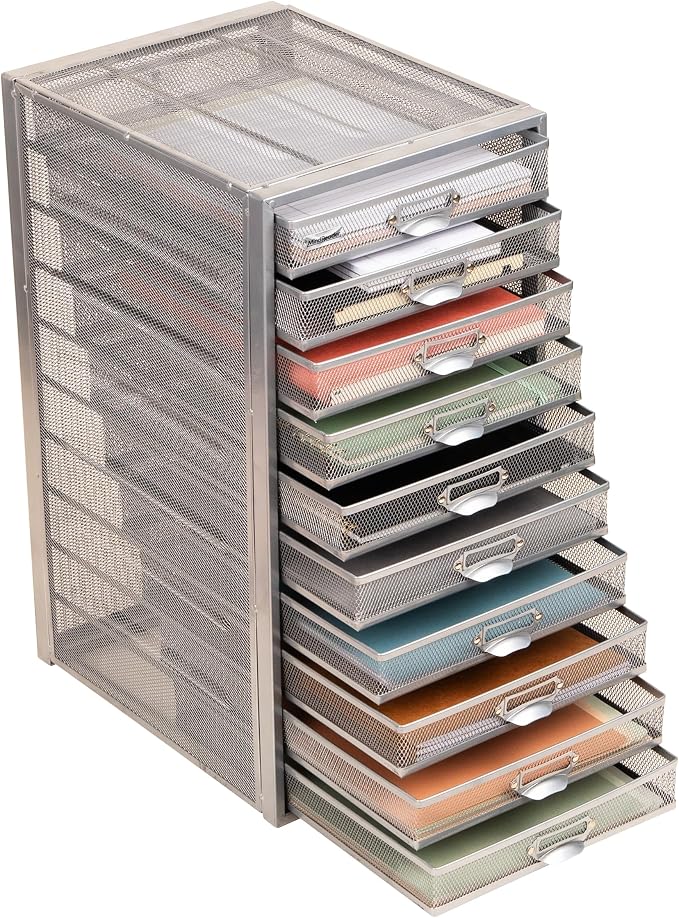 Mind Reader 10-Drawer Desk Organizer for Office Supplies, Crafts, Mail Sorting & More, Metal Mesh, Silver by MindReader