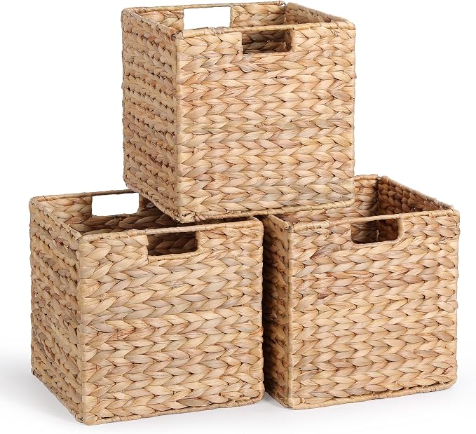 12 x 12 x 12in Water Hyacinth Storage Baskets, Wicker Storage Baskets for Shelves, Foldable Square Bins for IKEA Kallax Set of 3, Large Cubby Rattan Basket, Wicker Basket for Organizing by DINGTAI