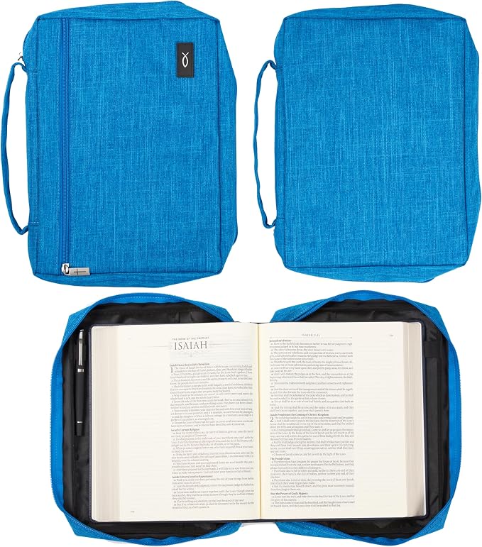 Christian Art Gifts Polyester Bible Cover for Men & Women w/Jesus Fish Patch, Zipper Pocket, Pen Loops, Easy Carry Book Case for Stationery, Accessories, Light Blue, Medium - Image 6