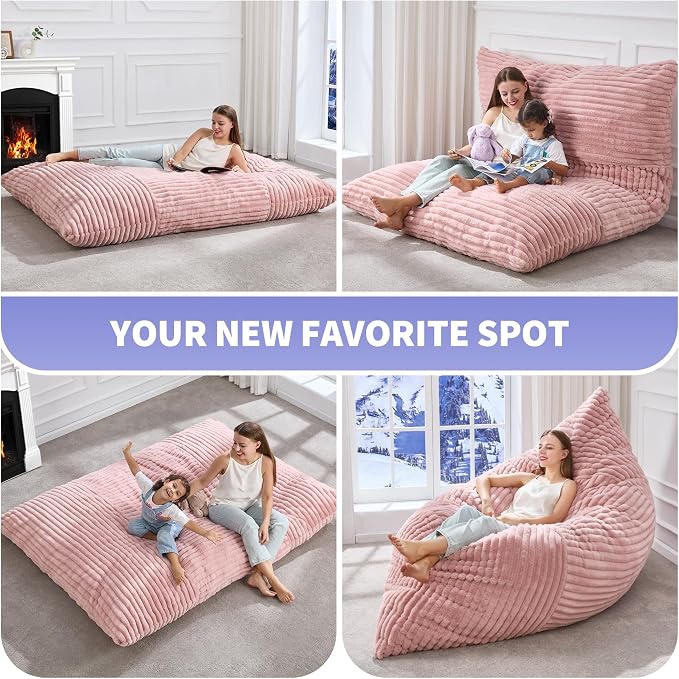 Hobestluk Adult Bean Bag Chair 3 in 1 Convertible Large Bean Bag Sofa | Striped Pink,Machine Washable,Removable Cover,Easy Convert And Install, Oversied Floor Bed,For Livingroom Bedroom - Image 5
