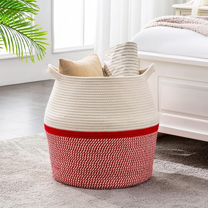 KAKAMAY Woven Baskets for Storage(17"x17"),Large Cotton Rope Woven Baby Laundry Hamper,Collapsible Laundry Basket, Blanket Basket for Organizing Living Room,Nursery,Pillows,Toy Chest(Red) - Image 7