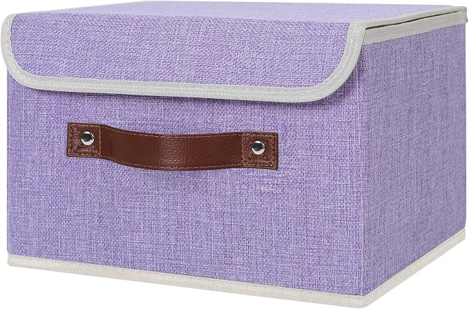 ANMINY Fabric Storage Box Bins with Lids, Purple, 10"x8"x7", 4 Pack | Keepsake Memory Storage, Cotton Linen, PP Board Reinforced, Washable, PU Handles, Foldable & Stackable, Decorative, Small - Image 5